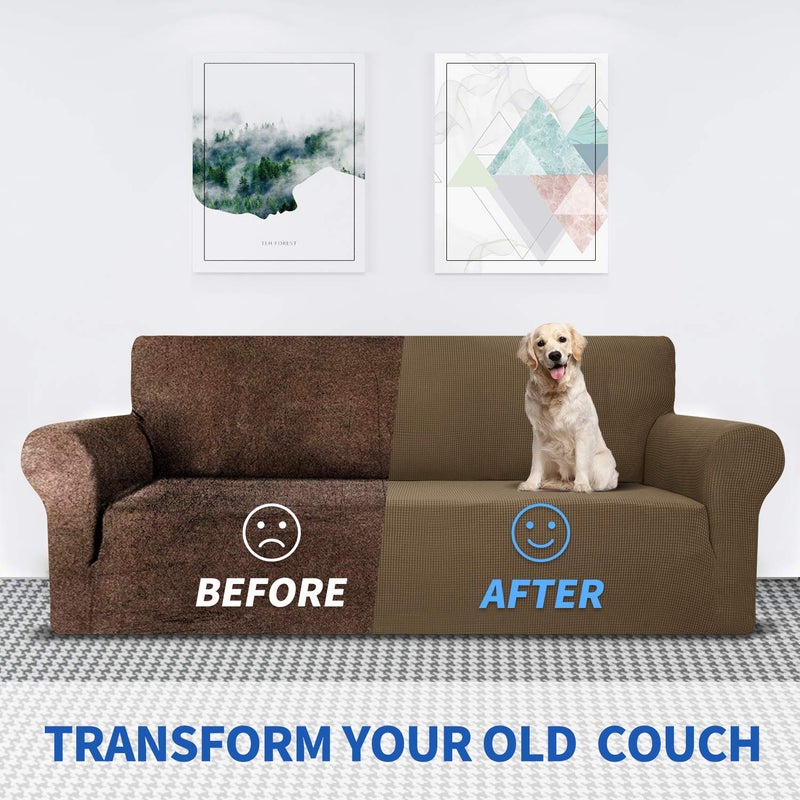 MAXIJIN Super Stretch Couch Cover for 3 Cushion Couch, 1-Piece Universal Sofa Covers Living Room Jacquard Spandex Furniture Protector Dogs Pet Friendly Fitted (Extra Large, Brown) - Image 4